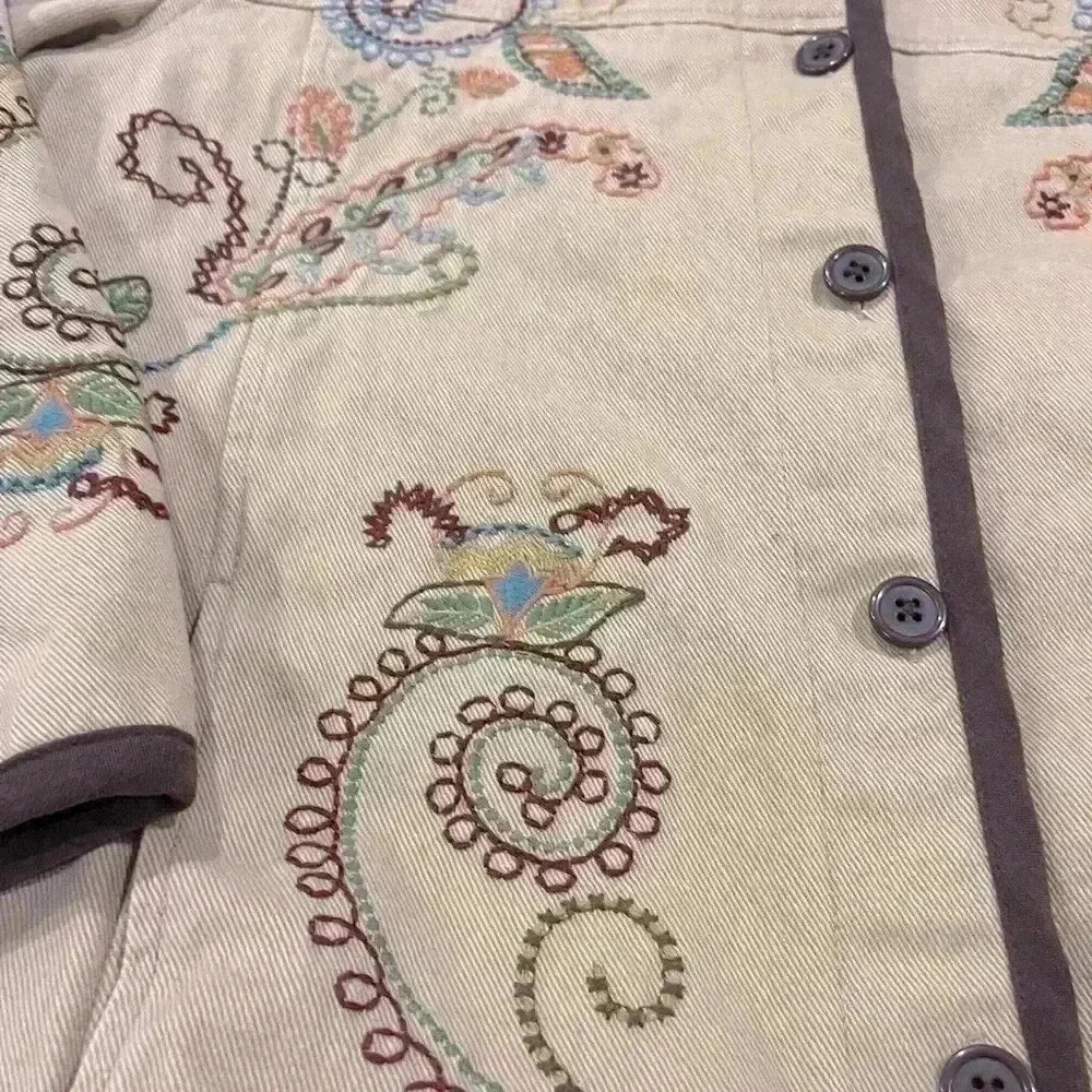 Denim & Co. Light Brown Embroidered Cotton Boho Button Down Jacket Women’s Sz M - Picture 3 of 6